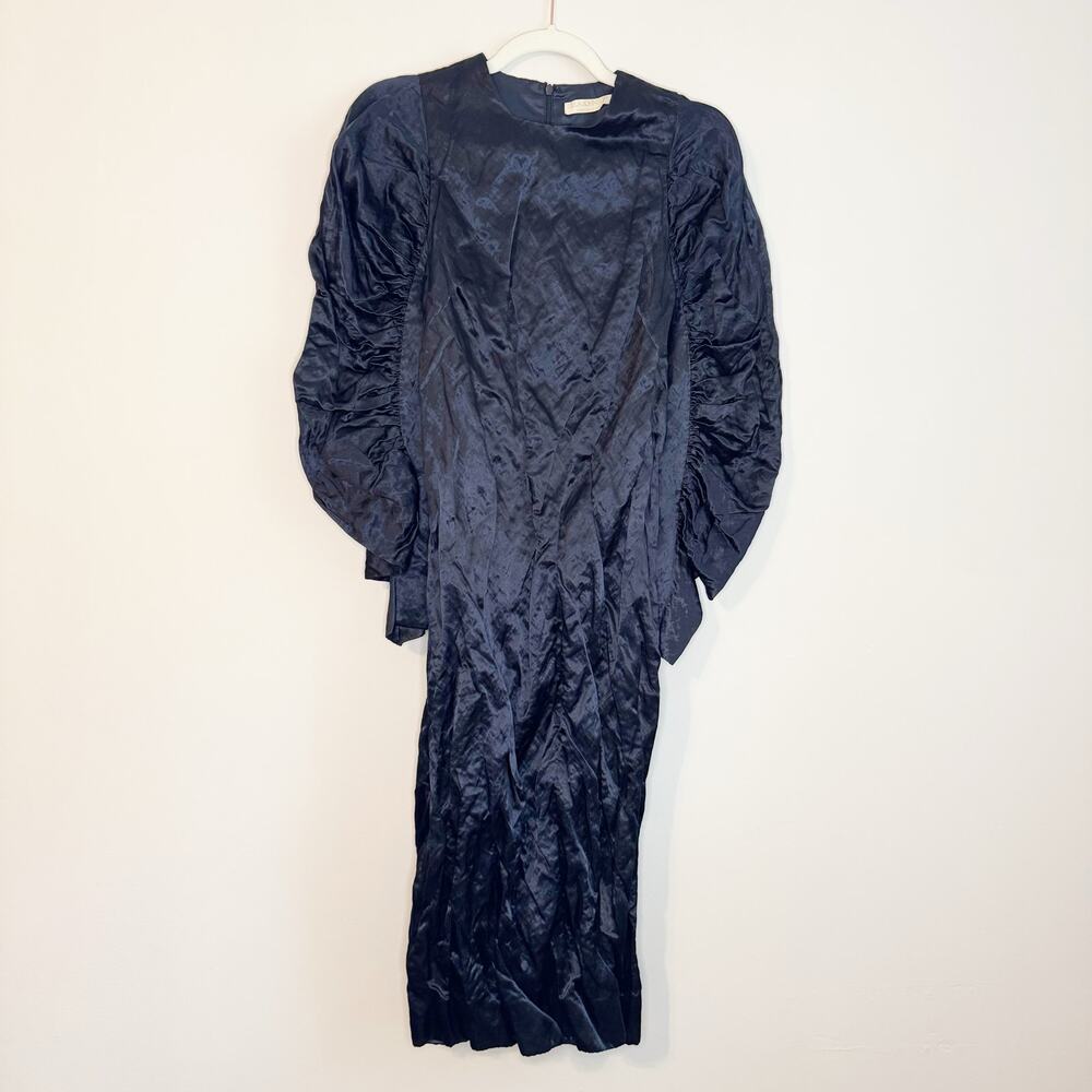 Ulla Johnson Antonia Puff-Sleeve Crushed Satin Midi Dress Sapphire Size 0 - Picture 4 of 10